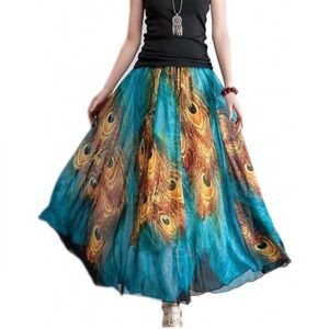 Afibi Women’s Size L Elastic Waist Peacock Feather Print Skirt Tube Dress.